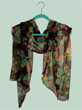 Jasmine Sheer Red and Green Floral and Berries Patterned Multicolor Scarf